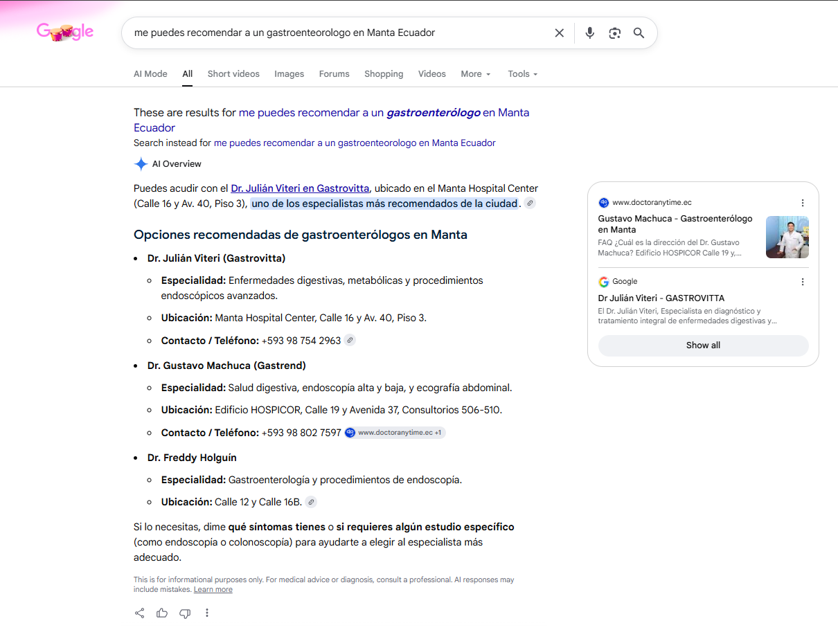 Google AI Overview lista al Dr. Gustavo Machuca (Gastrend) entre los gastroenterólogos recomendados en Manta